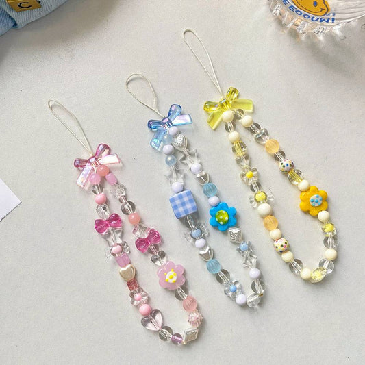 Beaded flower mobile phone lanyard with colorful plastic resin flowers