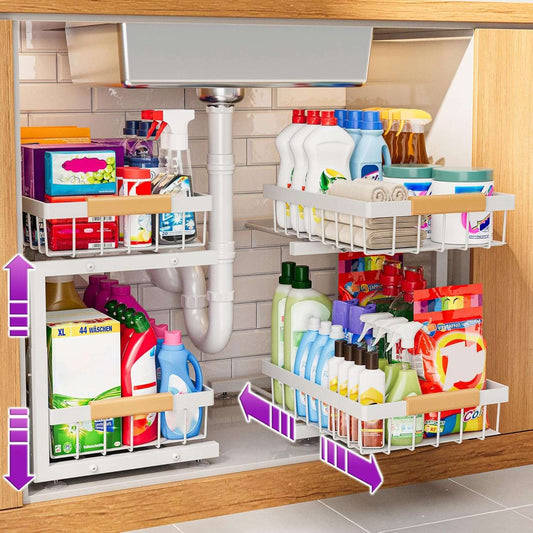 White adjustable under sink organizer with 2-tier pull-out sliding drawers for kitchen and bathroom storage
