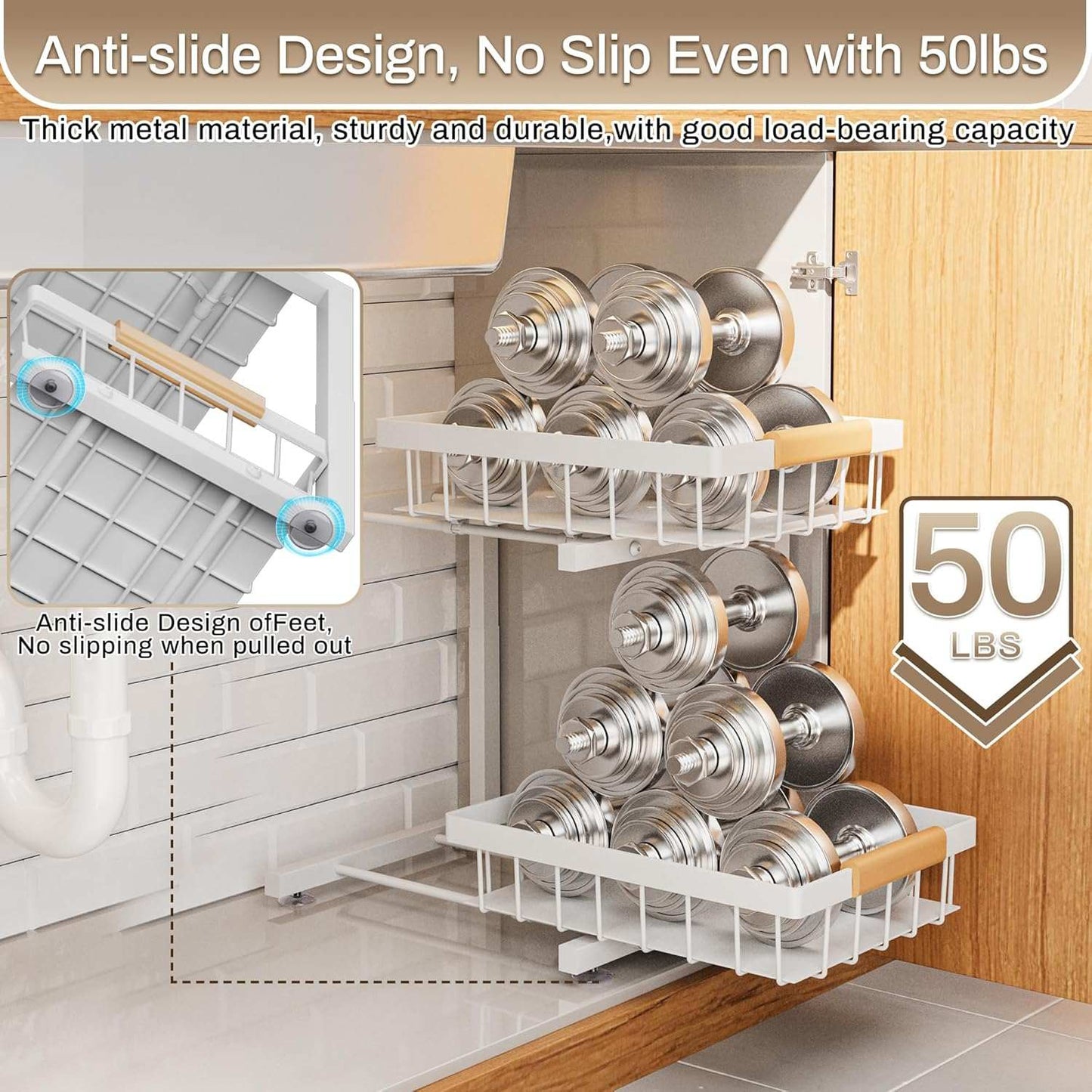 under Sink Organizer 2 Pack, Adjustable Height (11"-15.75") under Cabinet Storage, 2 Tier Pull Out Sliding Drawers for Kitchen Bathroom, Heavy Duty Metal Shelf, White