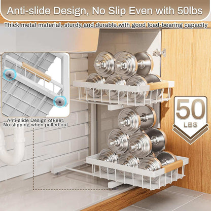 under Sink Organizer 2 Pack, Adjustable Height (11"-15.75") under Cabinet Storage, 2 Tier Pull Out Sliding Drawers for Kitchen Bathroom, Heavy Duty Metal Shelf, White
