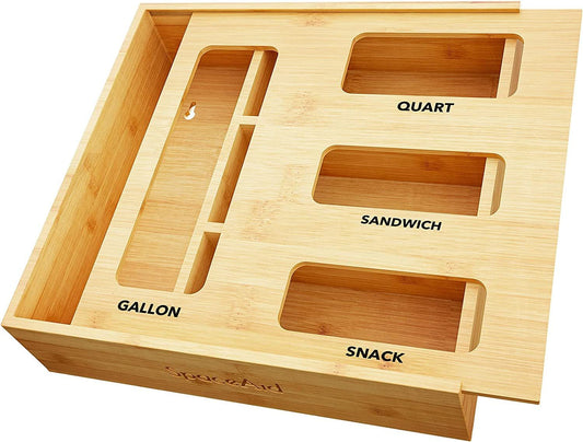 Bamboo bag storage organizer for kitchen drawer with four slots and labels for food storage bags