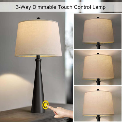 25.75" Table Lamps for Living Room, Bedside Lamp 3-Way Dimmable Touch Control, Modern Black Nightstand Lamp with Fabric Shade, Vintage Table Lamp for Bedroom, Bulb Included