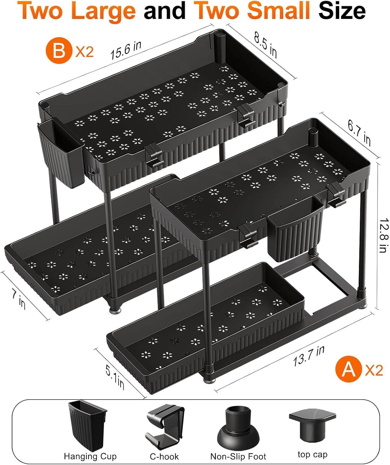 4 Pack under Sink Organizer, Bathroom Organizers and Storage, 2 Tier Multi-Use Pull Out Cabinet Organizer with Hang Hooks and Cups (Black, 4 Pack)