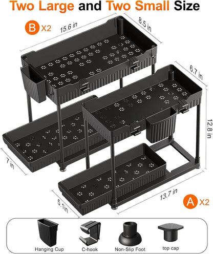 4 Pack under Sink Organizer, Bathroom Organizers and Storage, 2 Tier Multi-Use Pull Out Cabinet Organizer with Hang Hooks and Cups (Black, 4 Pack)