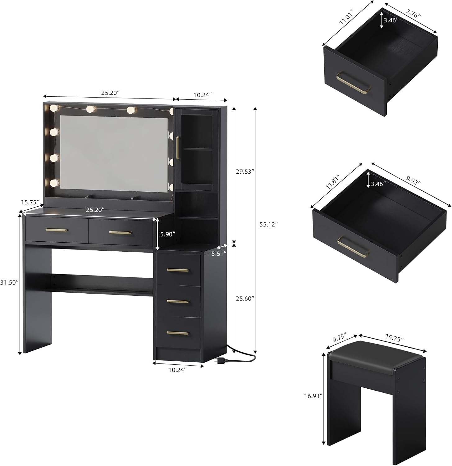 Makeup Vanity with Lights & Charging Station, Black Vanity Table with 5 Drawers & Open Storage Shelves, Bedroom Makeup Dressing Table Set for Women Girls Golden Handles