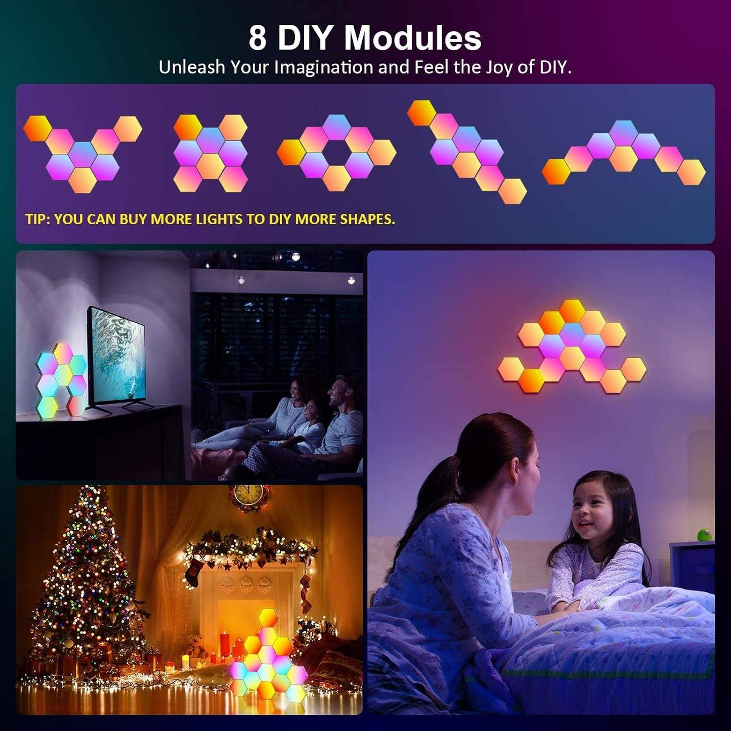 8 Pack Hexagon Lights Wall RGB Panel - Hexagonal Led Lights Room Decor Wall Lights Gifts for Men/Women Honeycomb Shape Panels Hexagon Gaming Led Lights for Bedroom Children
