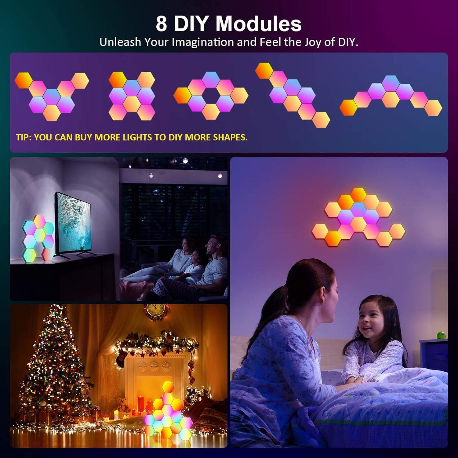 8 Pack Hexagon Lights Wall RGB Panel - Hexagonal Led Lights Room Decor Wall Lights Gifts for Men/Women Honeycomb Shape Panels Hexagon Gaming Led Lights for Bedroom Children