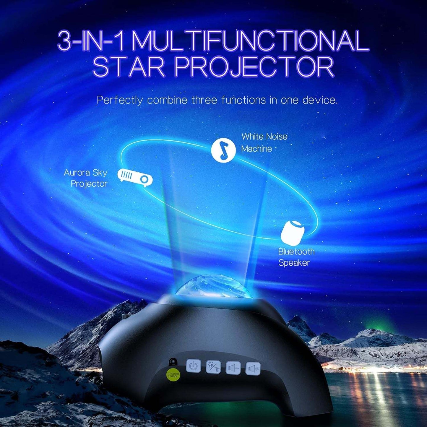 Northern Galaxy Light Aurora Projector with 33 Light Effects, Night Lights LED Star Projector for Bedroom Nebula Lamp, Remote Control, White Noises, Bluetooth Speaker for Parties, Jet Black