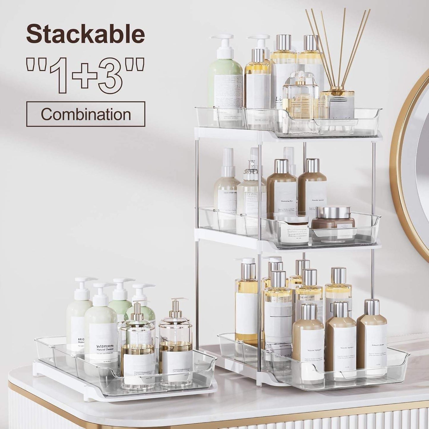 2-Tier Multi-Purpose Bathroom under Sink Organizers and Storage, Stackable Kitchen Pantry Organization, Pull Out Medicine Cabinet Organizer with Movable Dividers, White, 2 Pack