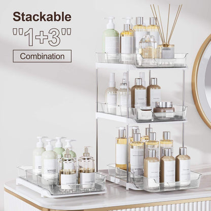 2-Tier Multi-Purpose Bathroom under Sink Organizers and Storage, Stackable Kitchen Pantry Organization, Pull Out Medicine Cabinet Organizer with Movable Dividers, White, 2 Pack