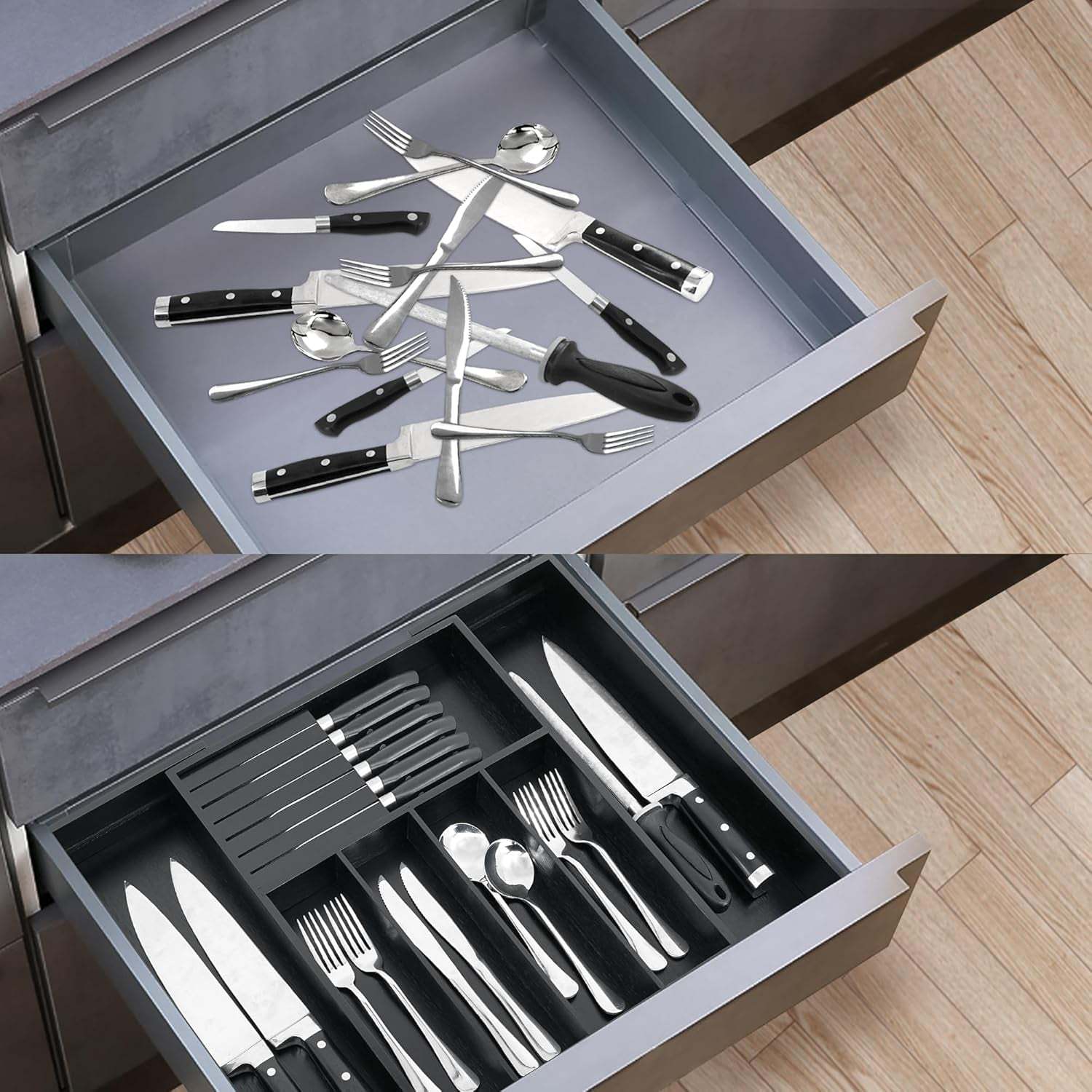 Bamboo Silverware Drawer Organizer Kitchen, Expandable Utensil Organizer with Knife Block, Cutlery Tray with Divider, Multifunctional Drawer Organizer (Black)