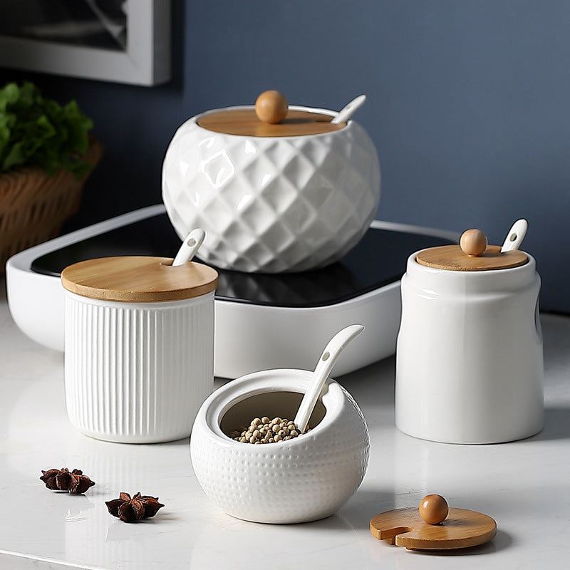 Chinese style white ceramic kitchen seasoning jar with bamboo lid