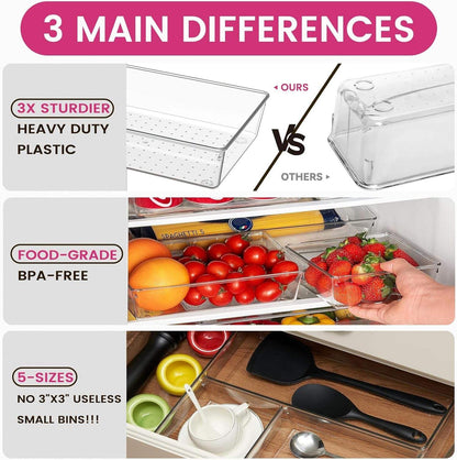 Large Drawer Organizer Bins 26 Pack | Complete 5 Size Clear Plastic Kitchen Drawer Organizers for Utensils | Bathroom Drawer Organizer Trays | Versatile for Makeup Office Organization