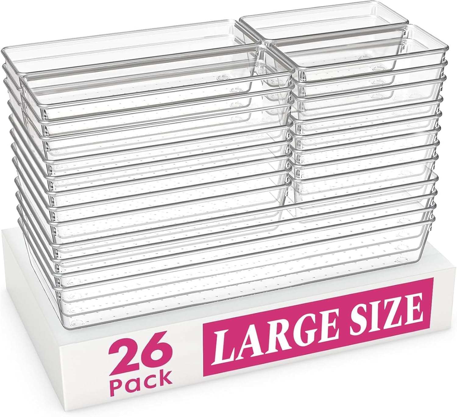 Set of 26 large clear plastic drawer organizer bins for multi-room storage and organization