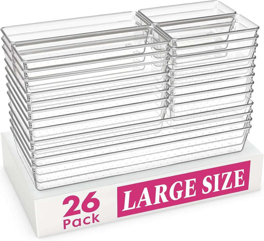 Set of 26 large clear plastic drawer organizer bins for multi-room storage and organization