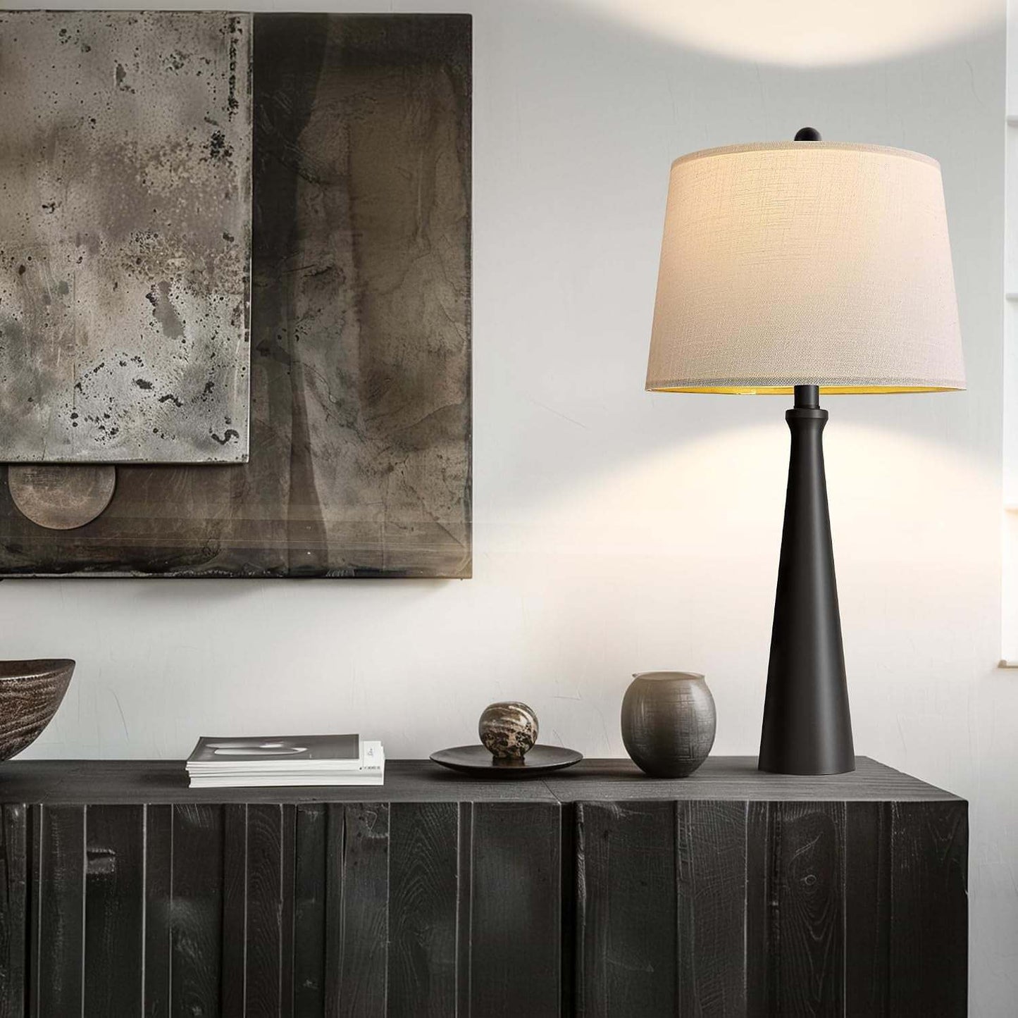 25.75" Table Lamps for Living Room, Bedside Lamp 3-Way Dimmable Touch Control, Modern Black Nightstand Lamp with Fabric Shade, Vintage Table Lamp for Bedroom, Bulb Included