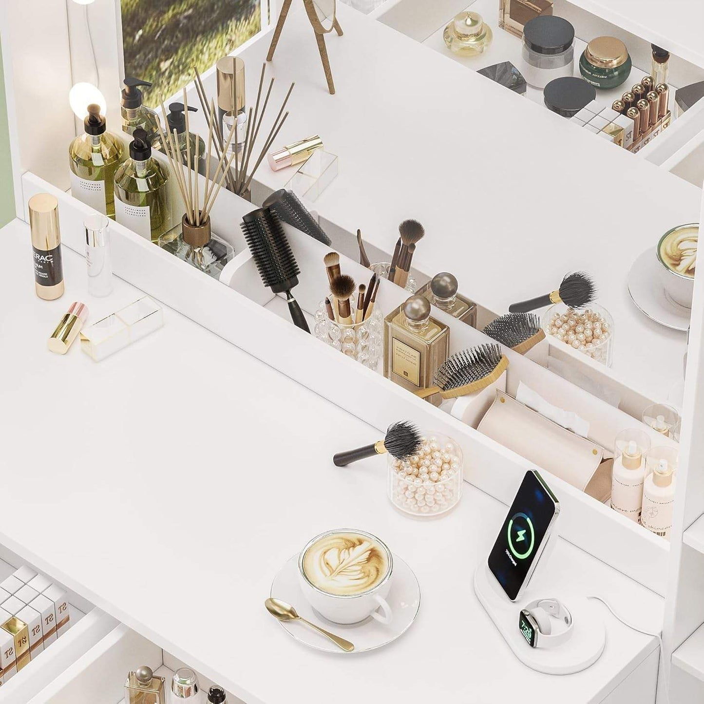 Makeup Vanity with Lights & Charging Station, White Vanity Table with 5 Drawers & Open Storage Shelves, Vanity Desk with Mirror & Lights, Dressing Table Set, Bedroom Makeup Table Set Black Handle