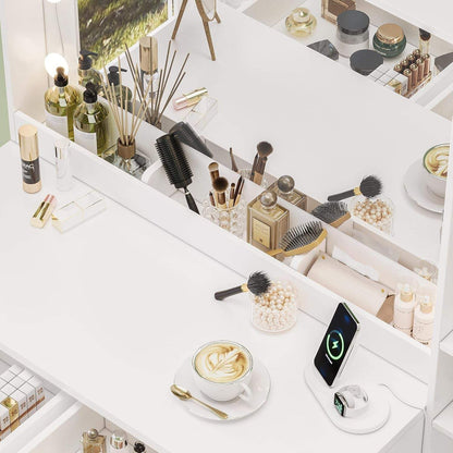 Makeup Vanity with Lights & Charging Station, White Vanity Table with 5 Drawers & Open Storage Shelves, Vanity Desk with Mirror & Lights, Dressing Table Set, Bedroom Makeup Table Set Black Handle