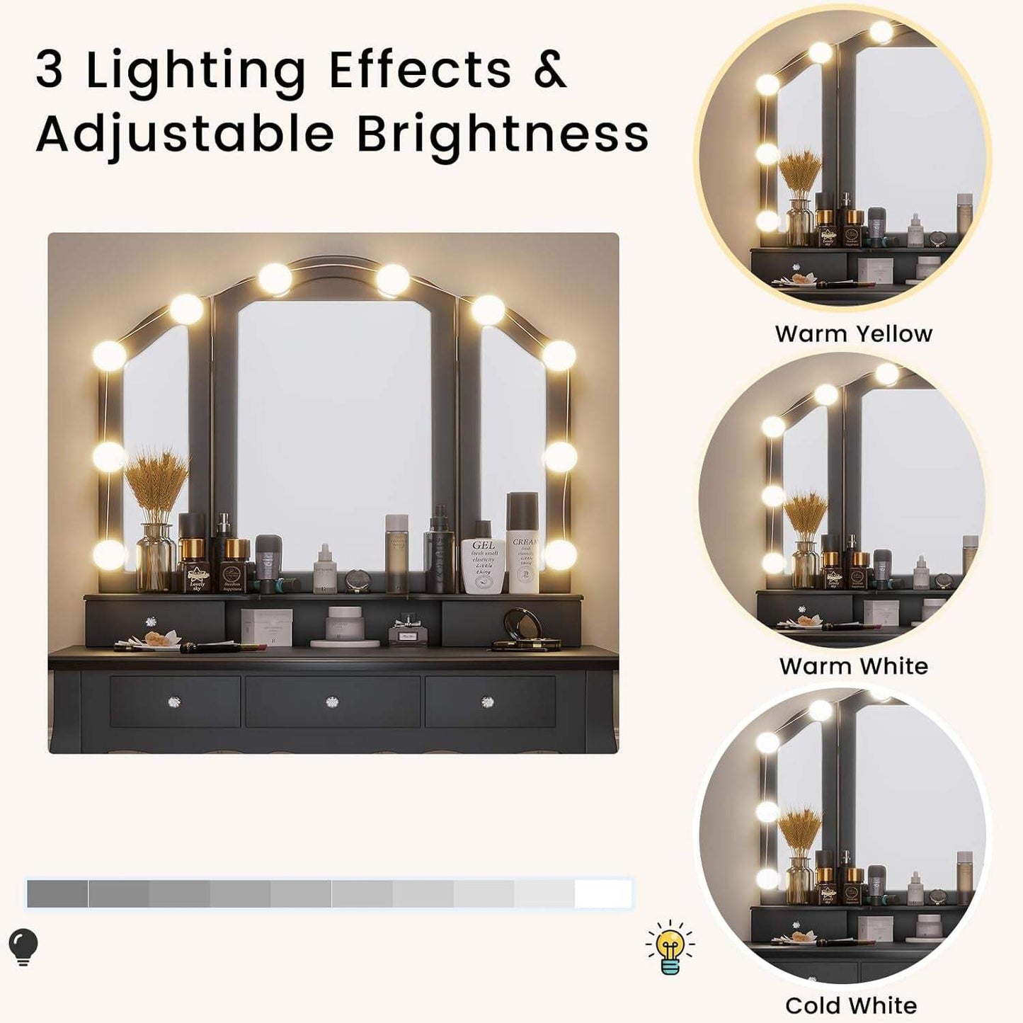 Vanity Desk, Makeup Vanity with Lighted Tri-Fold Mirror and Stool, Vanity Set with 5 Drawers, 3 Light Settings & Adjustable Brightness, Black