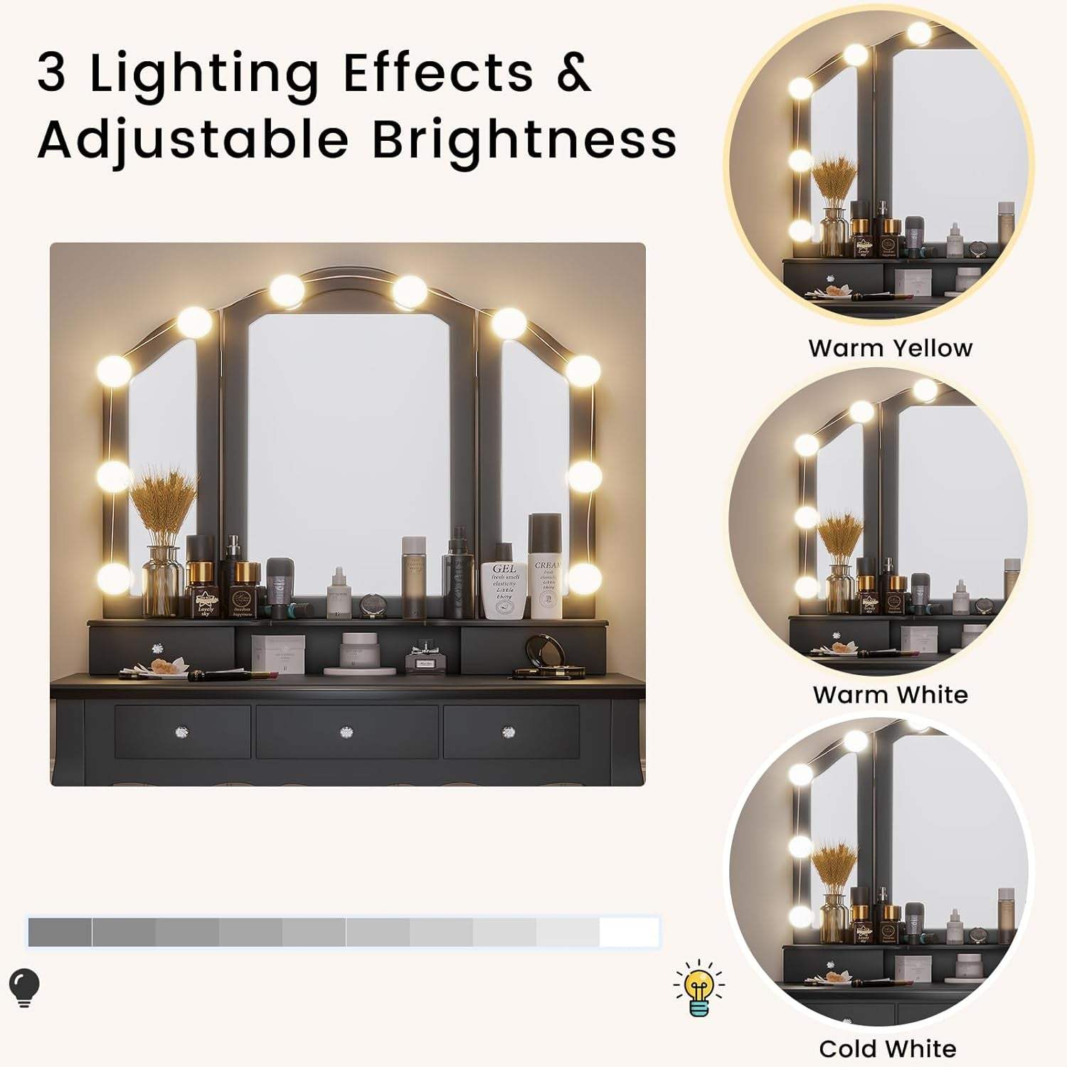 Vanity Desk, Makeup Vanity with Lighted Tri-Fold Mirror and Stool, Vanity Set with 5 Drawers, 3 Light Settings & Adjustable Brightness, Black
