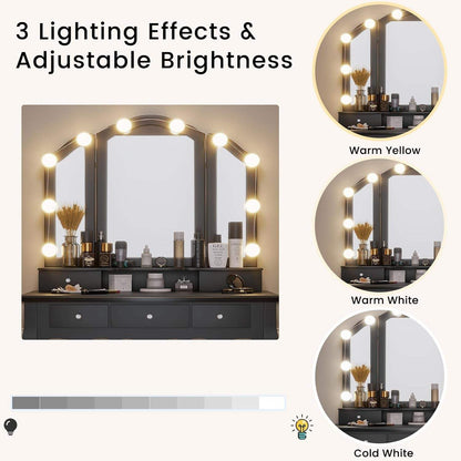 Vanity Desk, Makeup Vanity with Lighted Tri-Fold Mirror and Stool, Vanity Set with 5 Drawers, 3 Light Settings & Adjustable Brightness, Black