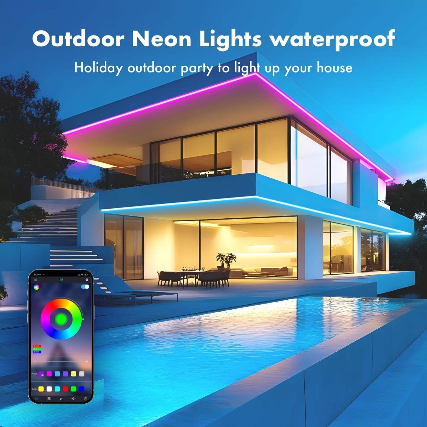 Neon Rope Lights, 50FT RGB LED Strip Lights, Waterproof IP67 LED Lights for Bedroom, DIY Design, Music Sync, 44 Key Remote Control, Multiple Modes for Bedroom, Holiday Decoration