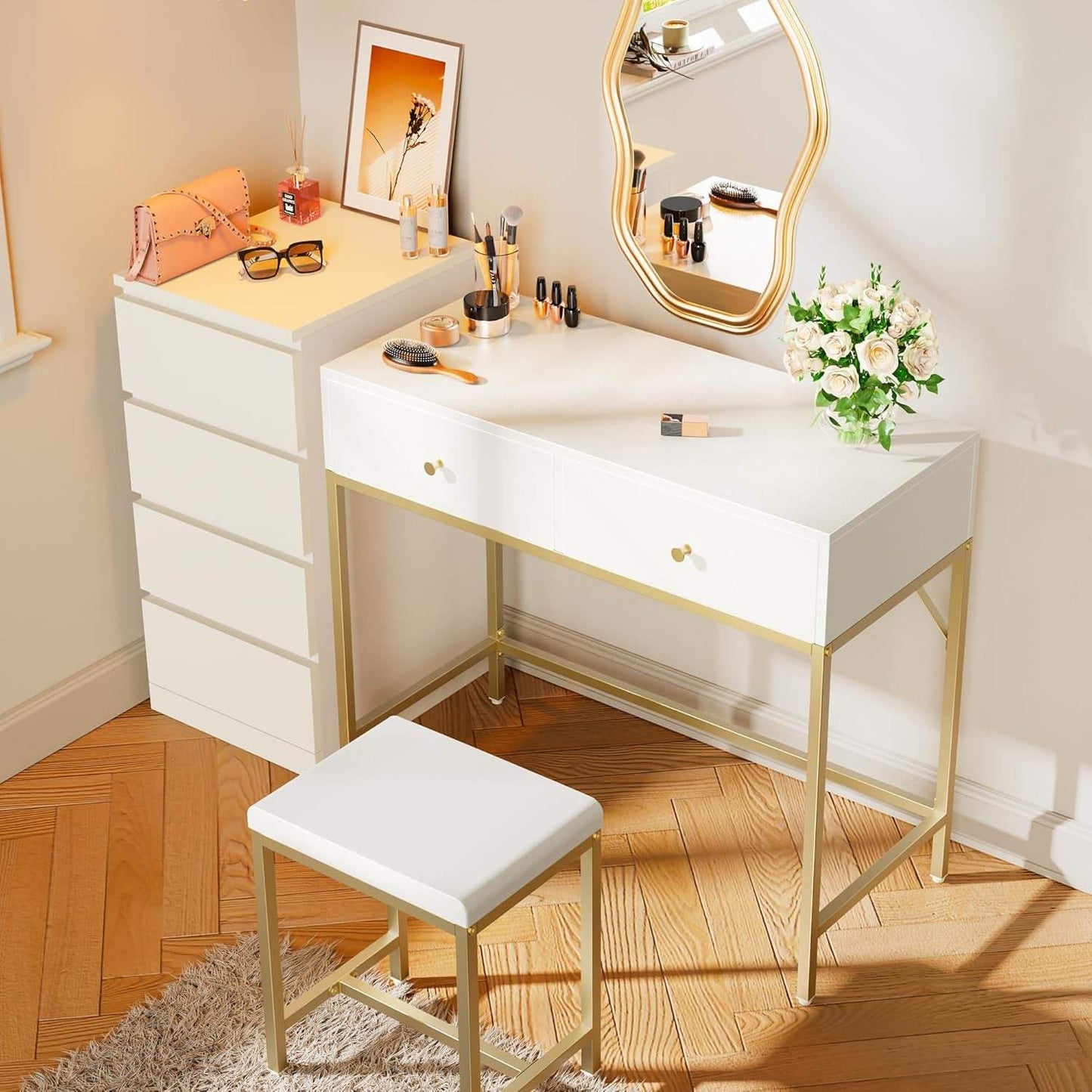 35.4" White and Gold Desk with 2 Drawers, Modern Makeup Vanity with Padded Stool, Small Computer Desk Home Office Desk for Writing Study Bedroom