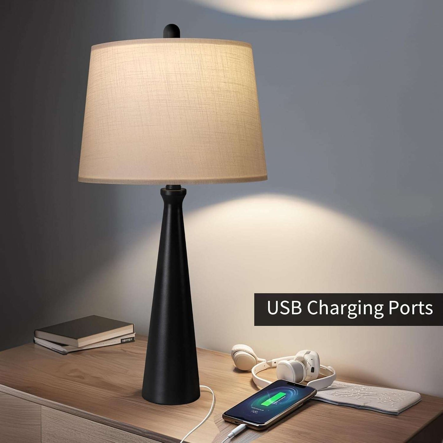25.75" Table Lamps for Living Room, Bedside Lamp 3-Way Dimmable Touch Control, Modern Black Nightstand Lamp with Fabric Shade, Vintage Table Lamp for Bedroom, Bulb Included