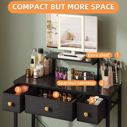 Small Makeup Vanity Desk 27.5''W with Mirror and Lights, 3 Drawers | USB Lighted Mirror, Height-Adjustable Stand, Fabric Drawers, Girls/Kids Gifts, Bedroom, Small Space, Dorm, Black