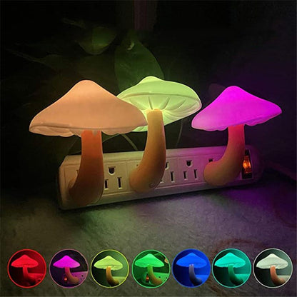 LED mushroom night light plugged into wall socket emitting warm white light with sensor for bedroom decoration
