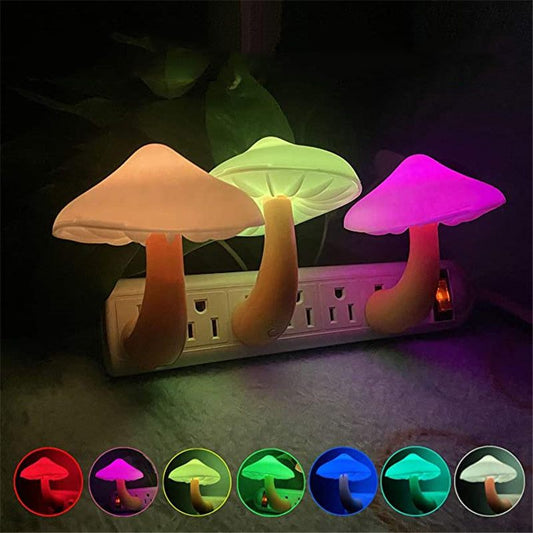 LED mushroom night light plugged into wall socket emitting warm white light with sensor for bedroom decoration