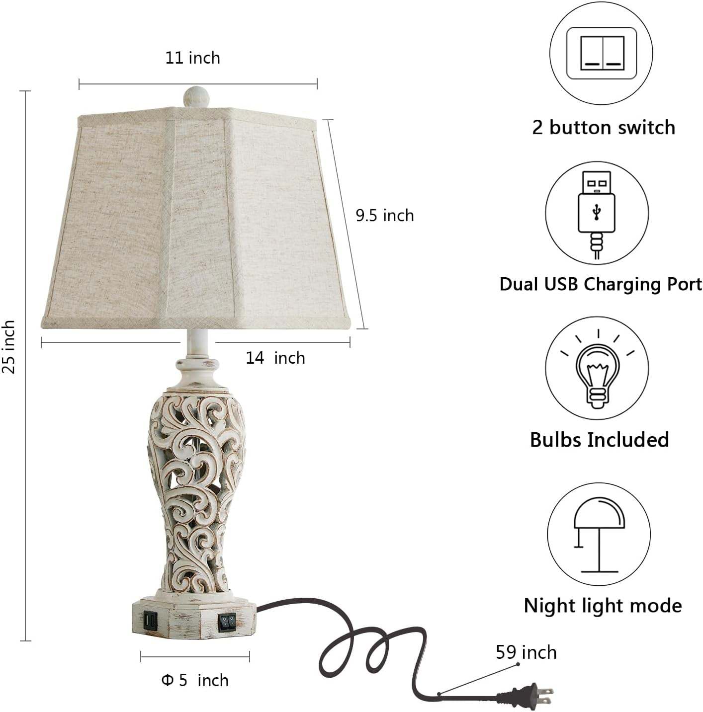 25'' Farmhouse Table Lamp for Living Room Bedroom with USB C+A | Vintage Rustic Nightstand Desk Lamp with Nightlight, White Hollow Out Resin Lamp for End Table (Bulb Included)