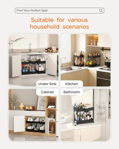 3-Pack 2-Tier under Sink Organizers with Sliding Drawers | Multi-Use Kitchen & Bathroom Storage, 12.8 Inch Black Cabinet Organizer, Space-Saving Sliding Drawer Design.