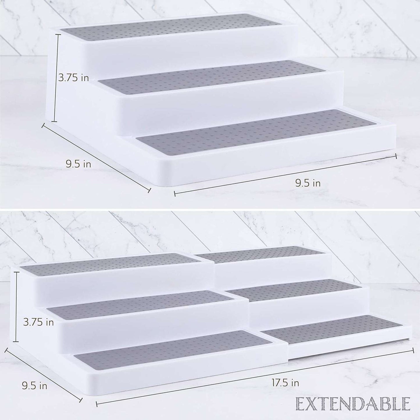 3–Tier Expandable Plastic Spice Rack - Adjustable Length, Stability with Non-Skid Shelf, Three Tiers for Easy Visibility, Organizer for Kitchen Cabinet, Pantry or Countertop, White/Grey
