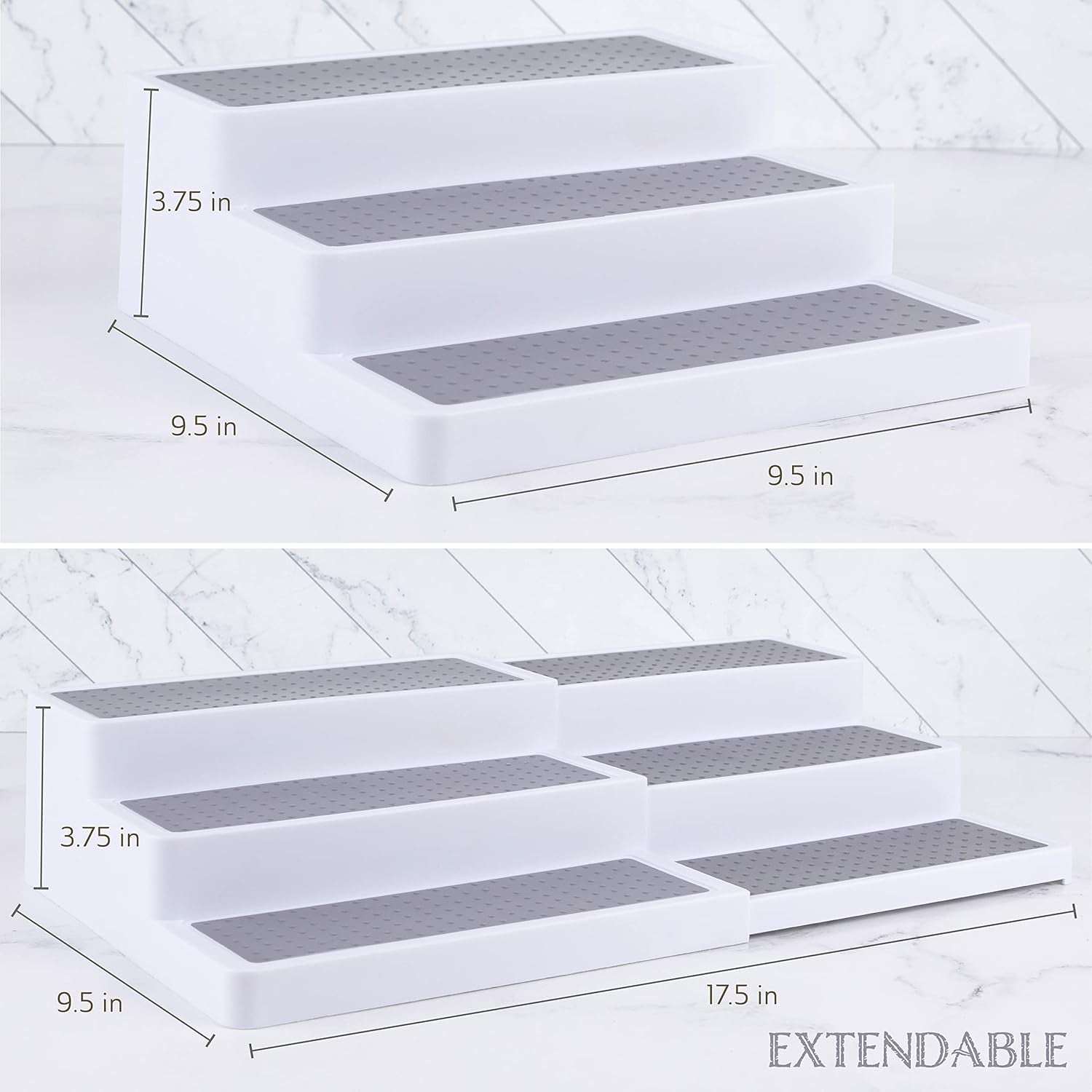 3–Tier Expandable Plastic Spice Rack - Adjustable Length, Stability with Non-Skid Shelf, Three Tiers for Easy Visibility, Organizer for Kitchen Cabinet, Pantry or Countertop, White/Grey