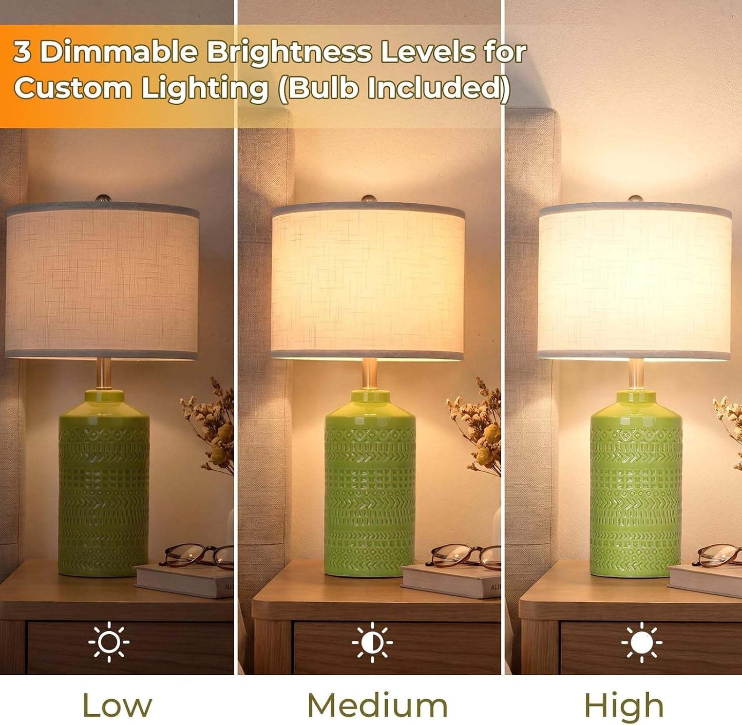 Light Green Ceramic Table Lamp 25 Inch 3-Way Dimmable Nightstand Lamp with White Linen Shade Bedside Lamp for Living Room Bedroom Office Reading (Bulb Included)