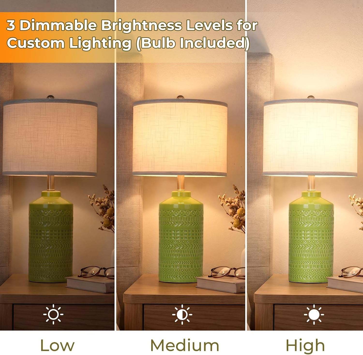 Light Green Ceramic Table Lamp 25 Inch 3-Way Dimmable Nightstand Lamp with White Linen Shade Bedside Lamp for Living Room Bedroom Office Reading (Bulb Included)