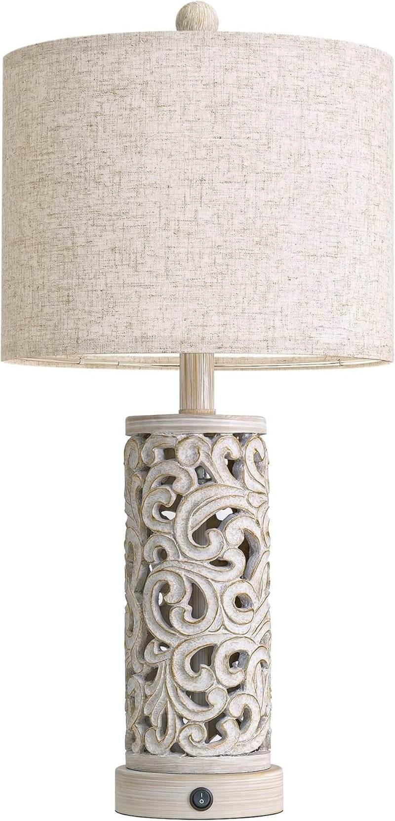 22'' Farmhouse Table Lamp for Living Room, Bedside Lamp with 2 USB Ports for Bedroom, Rustic Nightstand Lamp with Linen Lampshade for Office Hallway Home Decor, Distressed Grey (Bulb Included)
