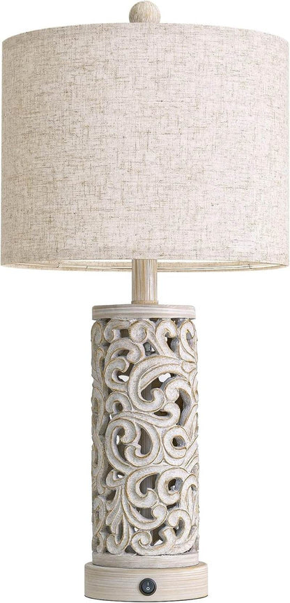 22'' Farmhouse Table Lamp for Living Room, Bedside Lamp with 2 USB Ports for Bedroom, Rustic Nightstand Lamp with Linen Lampshade for Office Hallway Home Decor, Distressed Grey (Bulb Included)
