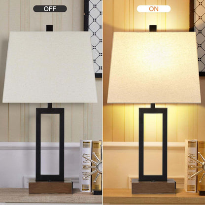 Table Lamp for Bedroom Set of 2 with 2 USB Ports and AC Power Outlet, 23.5" Modern Bedside Lamp, Wood Nightstand Lamp with Linen Shade for Living Room Hotel Desk(Led Bulb Included)