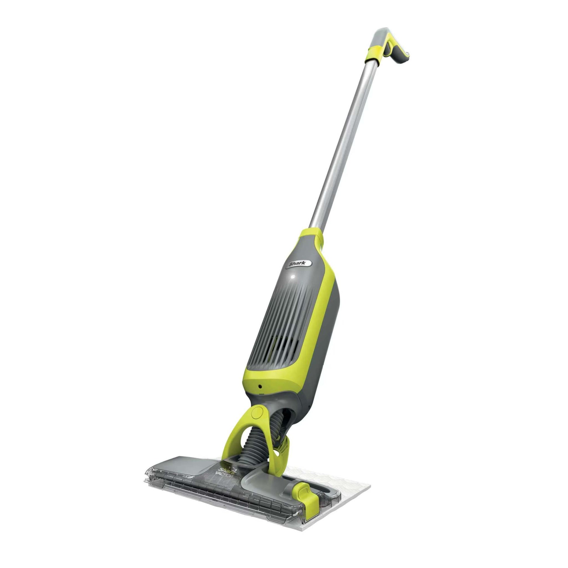 Shark VACMOP cordless hard floor vacuum mop with spray cleaning and disposable pads on hardwood floor