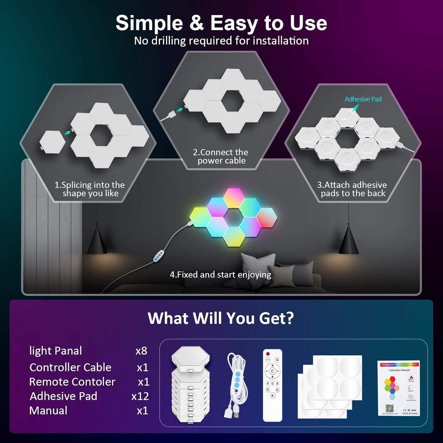 8 Pack Hexagon Lights Wall RGB Panel - Hexagonal Led Lights Room Decor Wall Lights Gifts for Men/Women Honeycomb Shape Panels Hexagon Gaming Led Lights for Bedroom Children