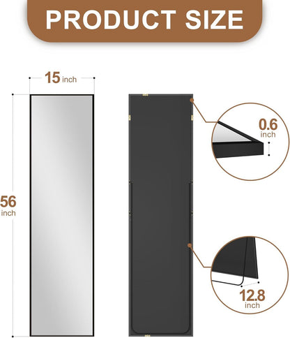 Wall Full Length Mirror,Standing Mirror Full Body,Large Floor for Wall Door Bedroom Bathroom Living Room with Aluminium Frame(With Stand,56X15-Black)