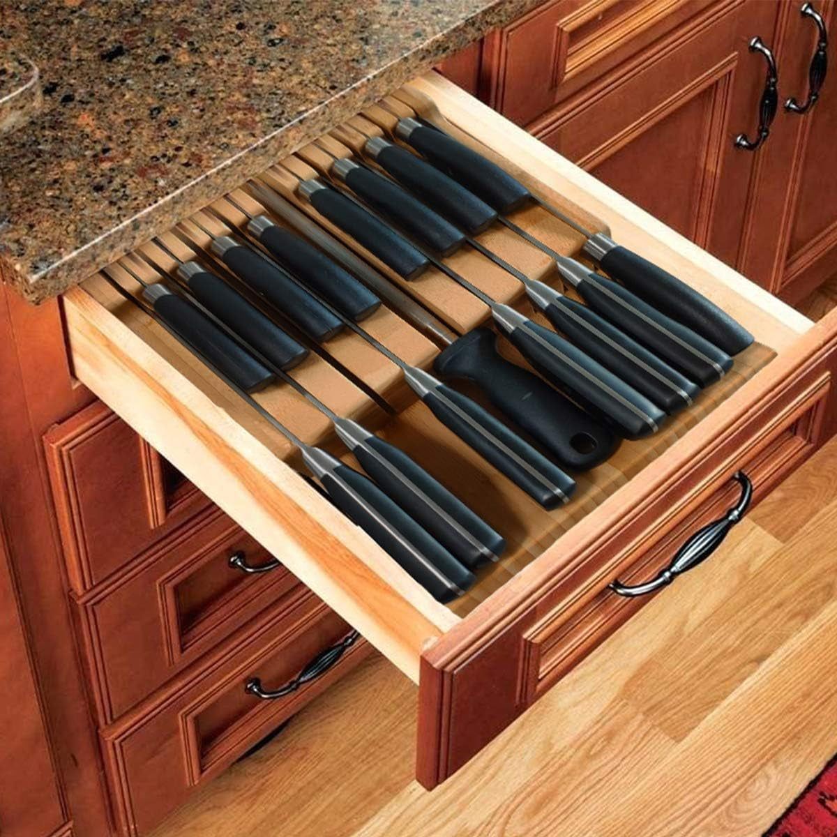 Bamboo In-Drawer Knife Block Set for 16 Knives(Not Included), Large Kitchen Detachable Washable Cutlery Slot Organizer Storage Holder for Sharpening Steel and Cutter