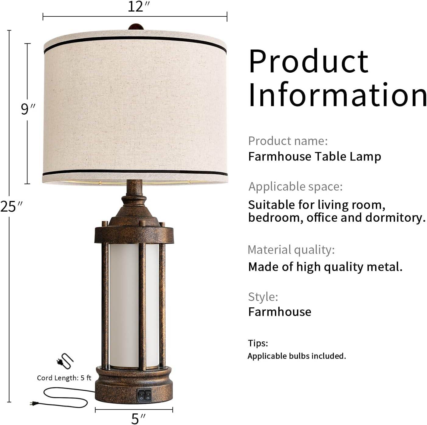 25'' Table Lamp for Living Room Bedroom Farmhouse Metal Lamps with 2 USB Ports, Built-In Frosted Glass Night Light Vintage Industrial Nightstand Bedside End Lamp, 2 Bulbs Included, Bronze