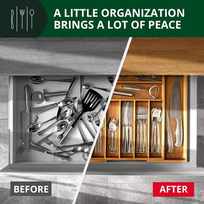 Luxury Bamboo Kitchen Drawer Organizer - Silverware Organizer, Utensil Holder & Cutlery Tray Drawer Dividers for Flatware (9 Slot, Natural)