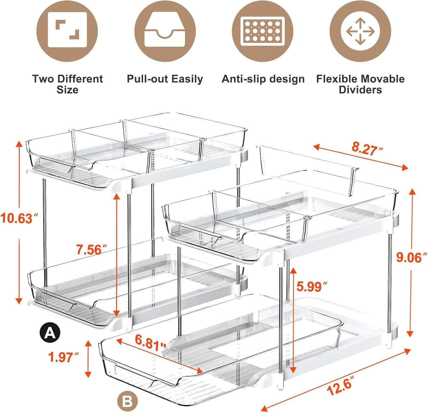 2-Tier Multi-Purpose Bathroom under Sink Organizers and Storage, Stackable Kitchen Pantry Organization, Pull Out Medicine Cabinet Organizer with Movable Dividers, White, 2 Pack