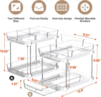 2-Tier Multi-Purpose Bathroom under Sink Organizers and Storage, Stackable Kitchen Pantry Organization, Pull Out Medicine Cabinet Organizer with Movable Dividers, White, 2 Pack