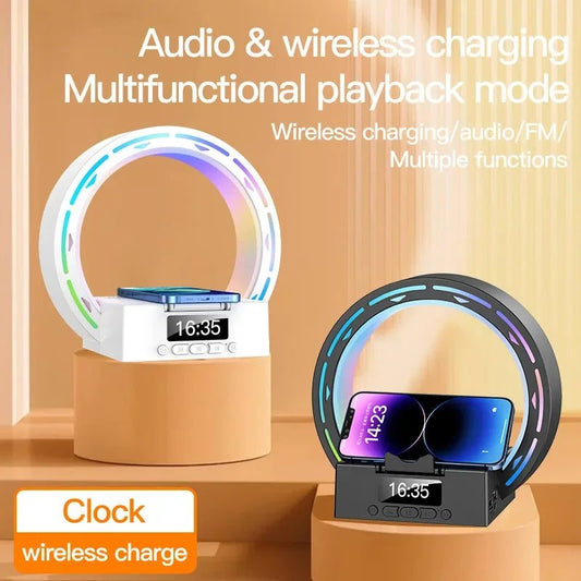 4 in 1 wireless Bluetooth-compatible speaker with charging pad, bedside lamp, alarm clock, and phone holder in black and white options