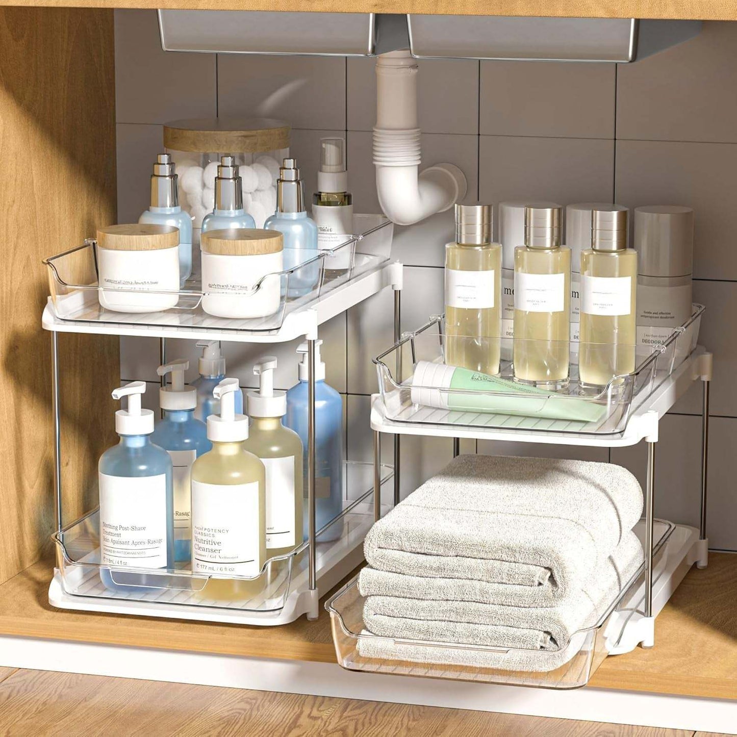 2-Tier white bathroom organizers with pull-out drawers and movable dividers for under sink storage and pantry organization, 2 pack